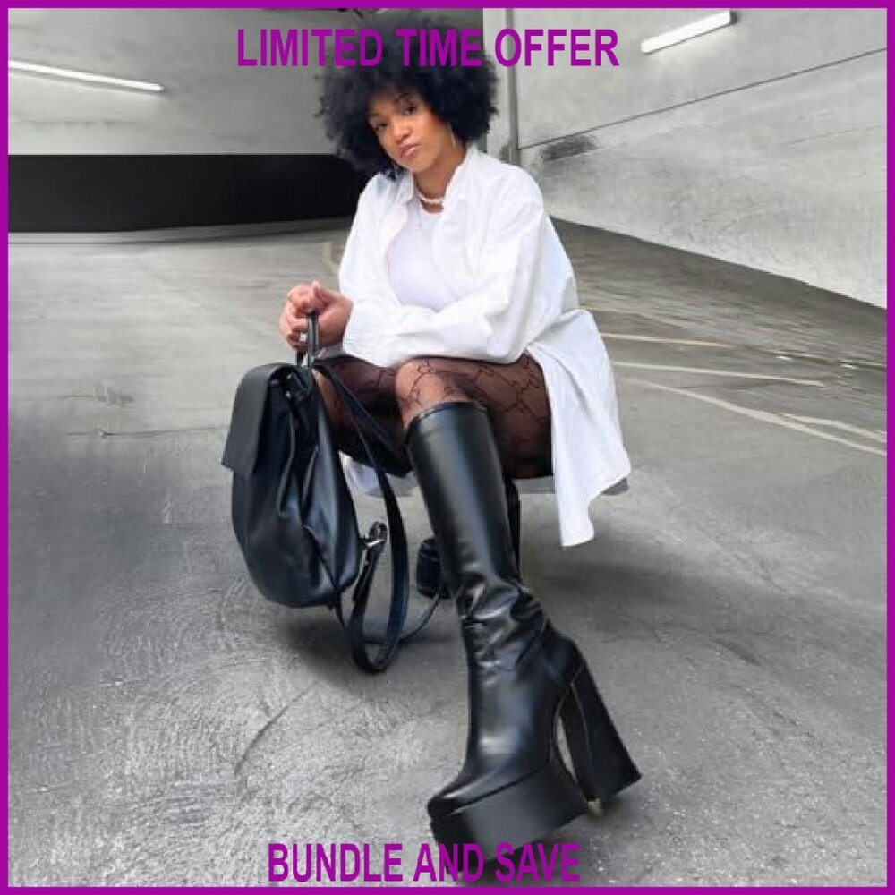 Knee High Platform Boots Chunky Heel Side Zipper Stretch PU Size 8 - Picture 4 of 8